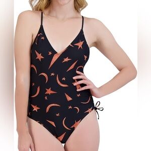 NWT BCBGeneration V Neck One Piece Swimsuit Black Star Moon Size Large